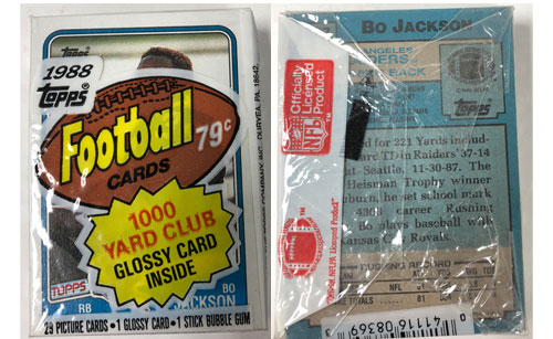 Bo Jackson 1988 Topps #327 Star Rookie Showing on top and bottom of Cello Pack